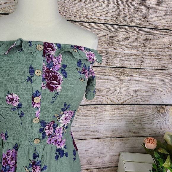 Xhilaration Green Floral Off Shoulder‎ Smock Dress Size Small - Picture 3 of 5